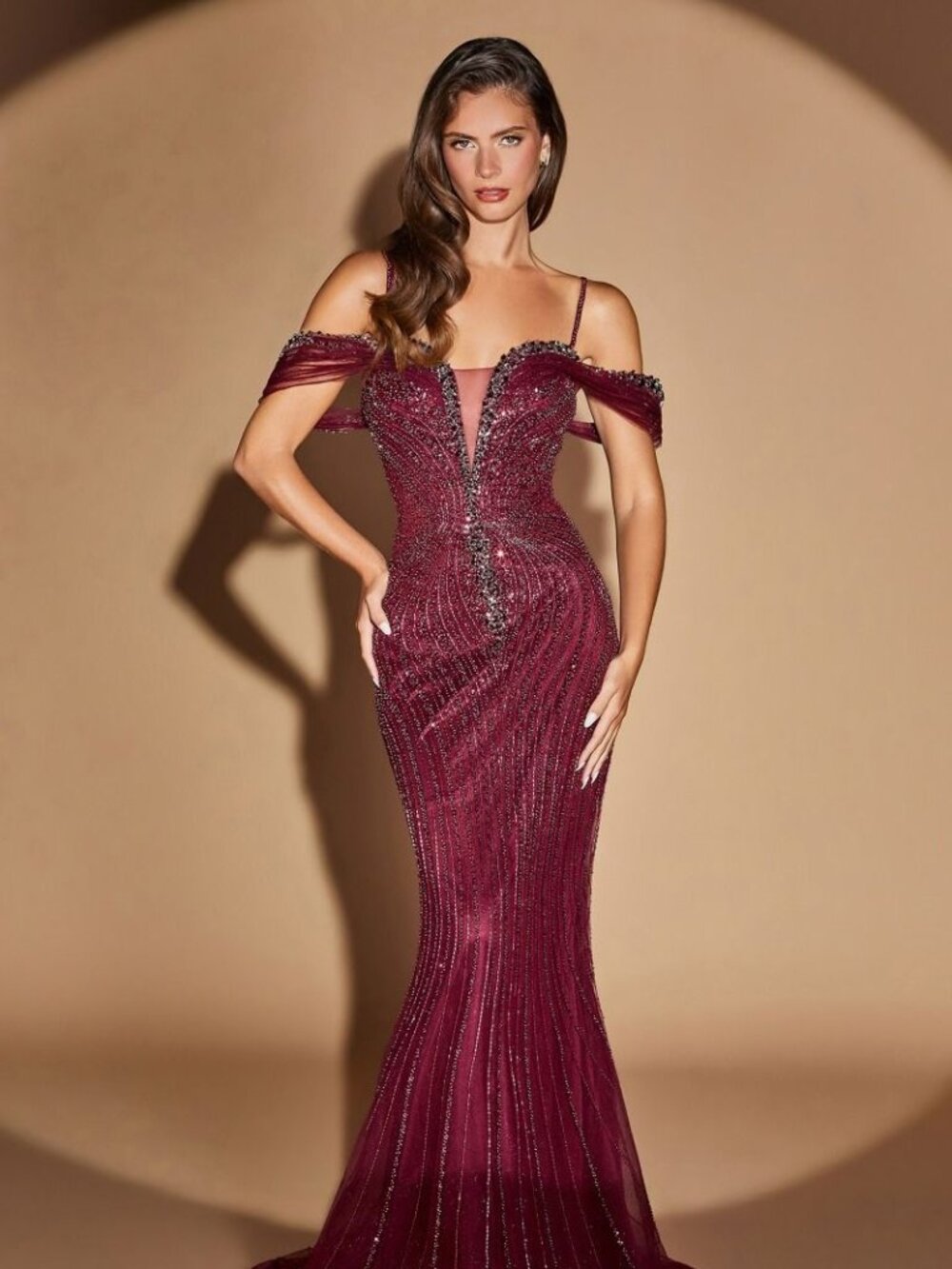 New Plum noir Off The Shoulder Rhinestones Embellished Red Carpet Gown CD CC496
